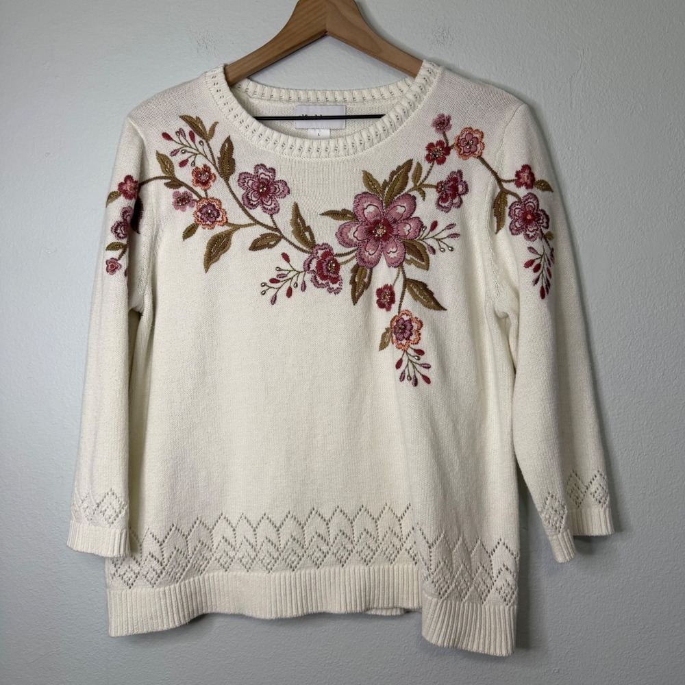 Vintageβ Alfred Dunner - Floral Embroidered Cotton Blend Knit Sweater Size Large